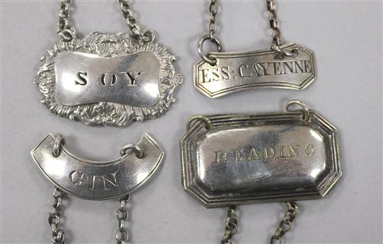 Four George III and later sauce/decanter labels;